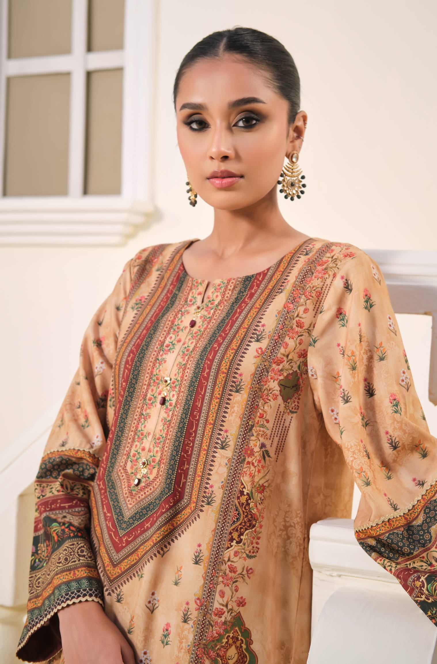 Neck Detail of Manto Women's 1 Piece Ready to Wear Golden with Urdu Calligraphy