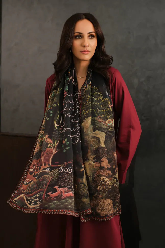 Manto Women's Printed Black Crinkle Silk Scarf with Urdu Calligraphy