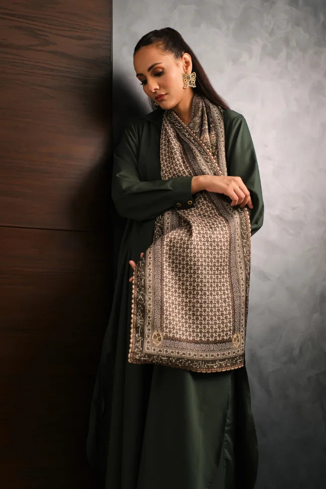 Manto Women's Silk Double Sided Green Saya Stole with Urdu Calligraphy