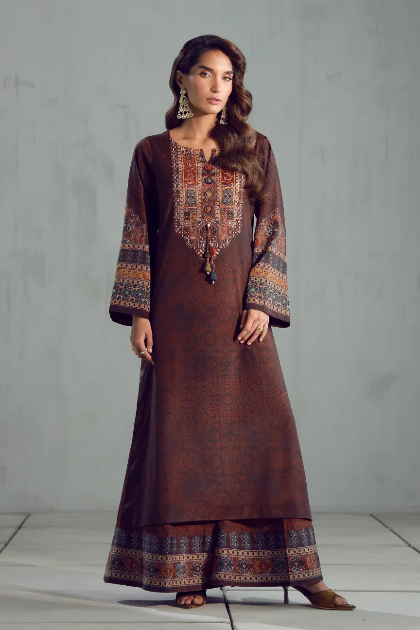 Women's Ready to Wear Printed Brown 3 Piece Set with Urdu Calligraphy
