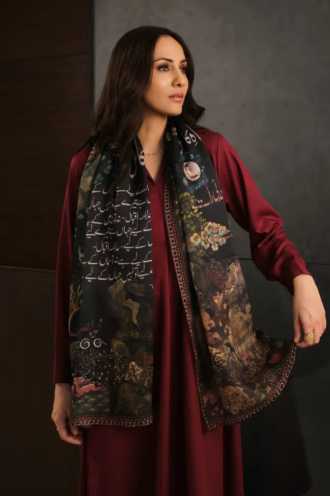Manto Women's Printed Black Crinkle Silk Scarf with Urdu Calligraphy