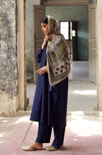 Manto Women's Crinkle Silk Scarf with Urdu Calligraphy paired with Blue Co-ord set