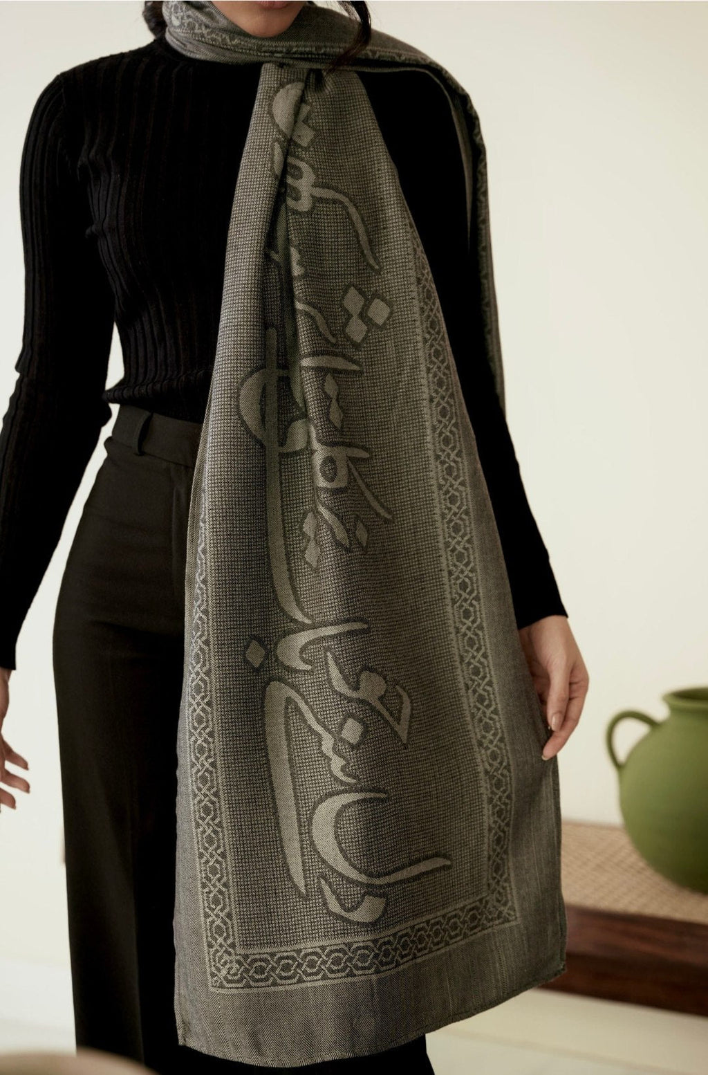 Shopmanto, wear manto, manto clothing brand, manto pakistan, ladies clothing brand, urdu calligraphy clothing, Manto urdu calligraphy unisex parvaaz weaved winter muffler stole grey, winter collection, acrylic, wool