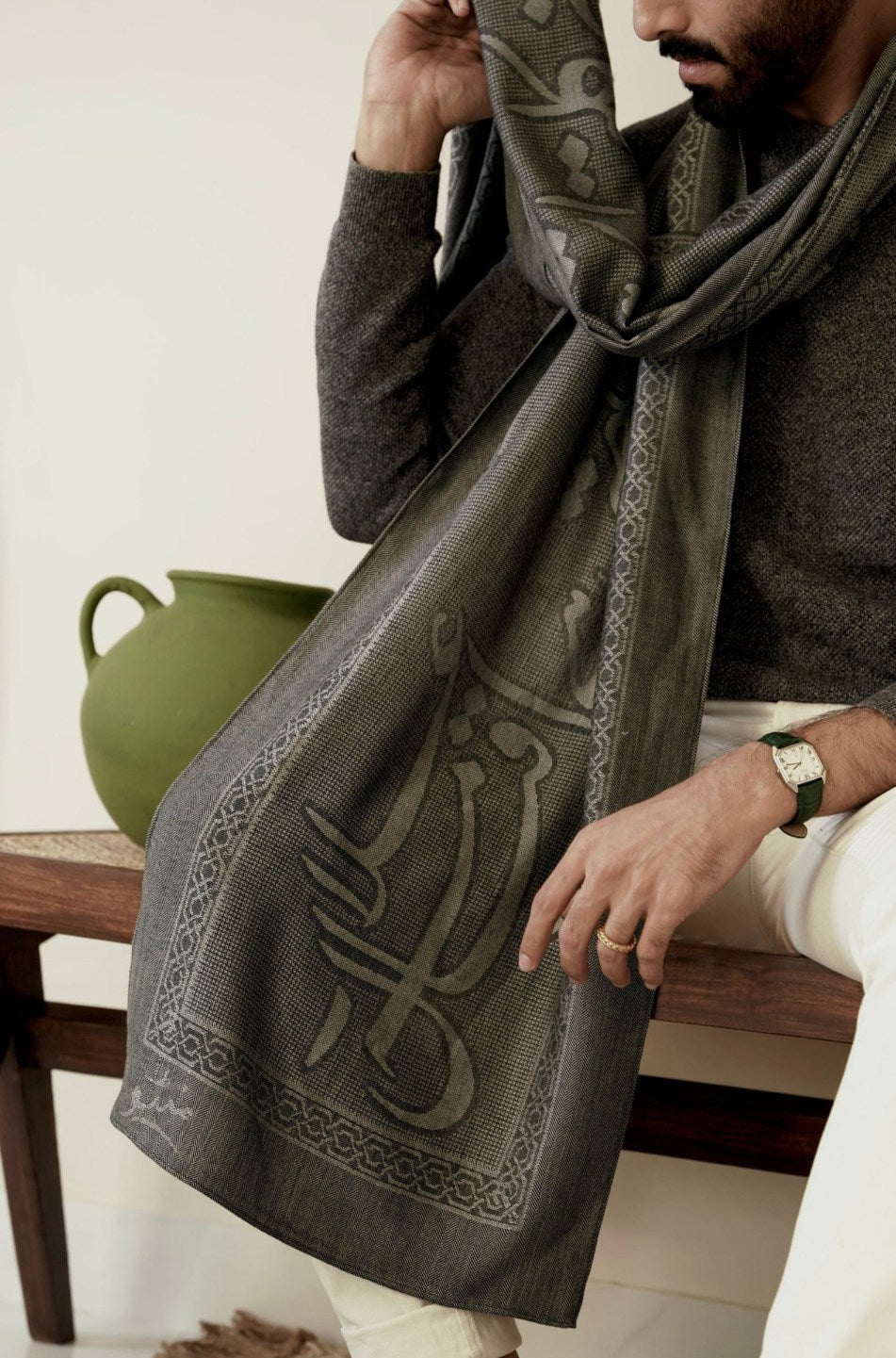 Shopmanto, wear manto, manto clothing brand, manto pakistan, ladies clothing brand, urdu calligraphy clothing, Manto urdu calligraphy unisex parvaaz weaved winter muffler stole grey, winter collection, acrylic, wool