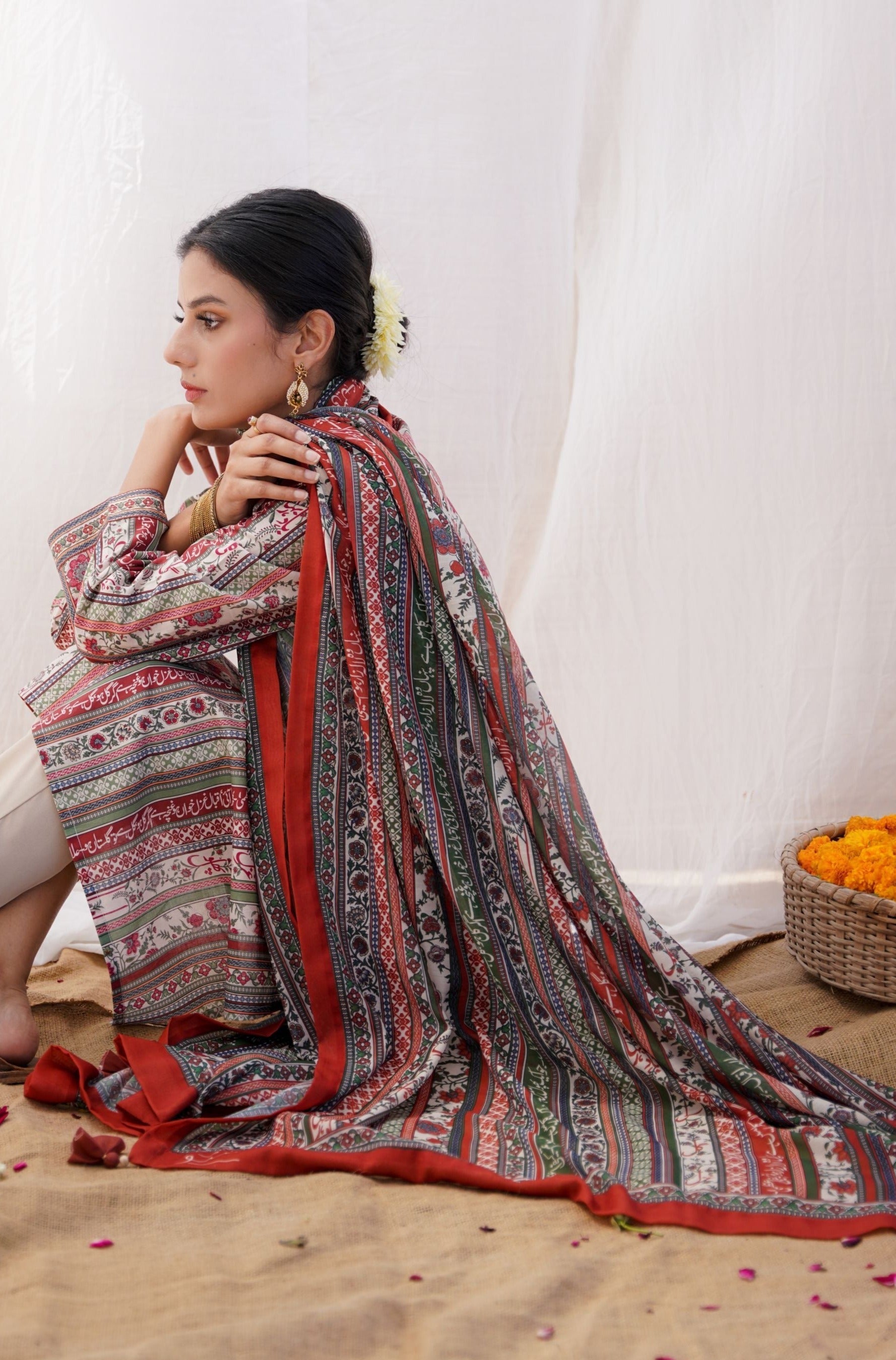 Gulistan (ফুলের বাগান) Stripes Dupatta - Brick Red