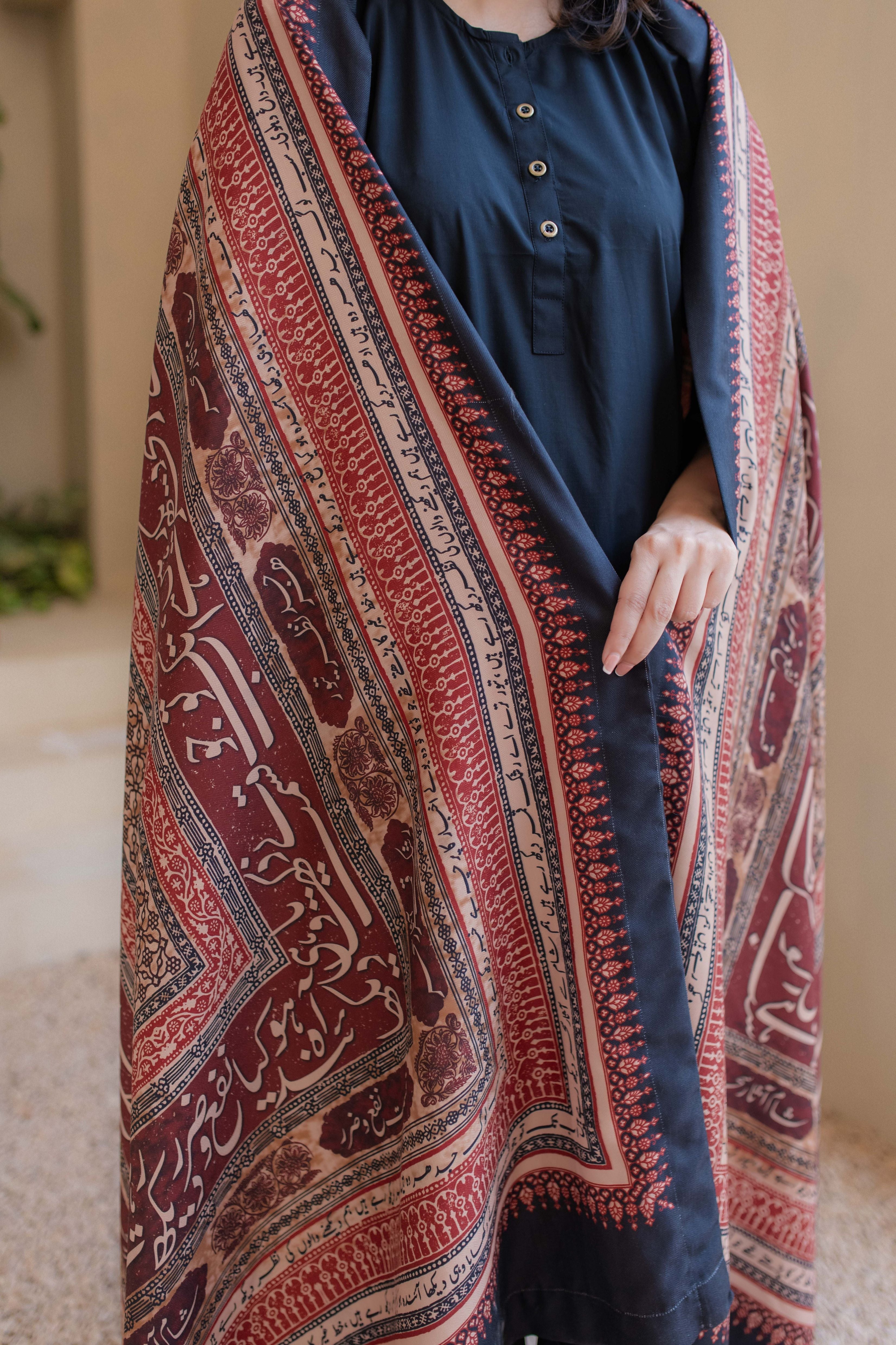 Shopmanto, wear manto, odhni, shawl, chaddar, manto odhni, manto scarves, manto stoles, manto, clothing brands, women shawl, ladies shawl, women shawl in maroon, urdu calligraphy on women shawl, urdu calligraphy, urdu calligraphy clothes, manto calligraphy clothes, rashk odhni, maroon shawl, manto rashk odhni
