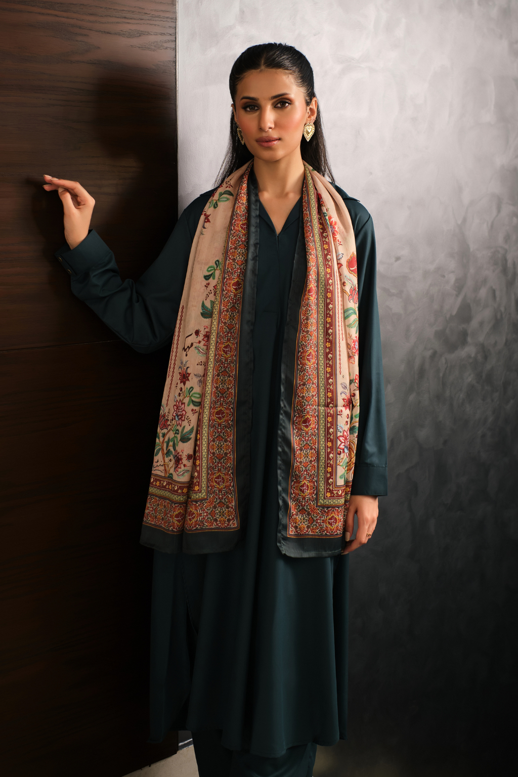 Manto Women's Crinkled Silk Beige Rania Scarf Featuring Urdu Words