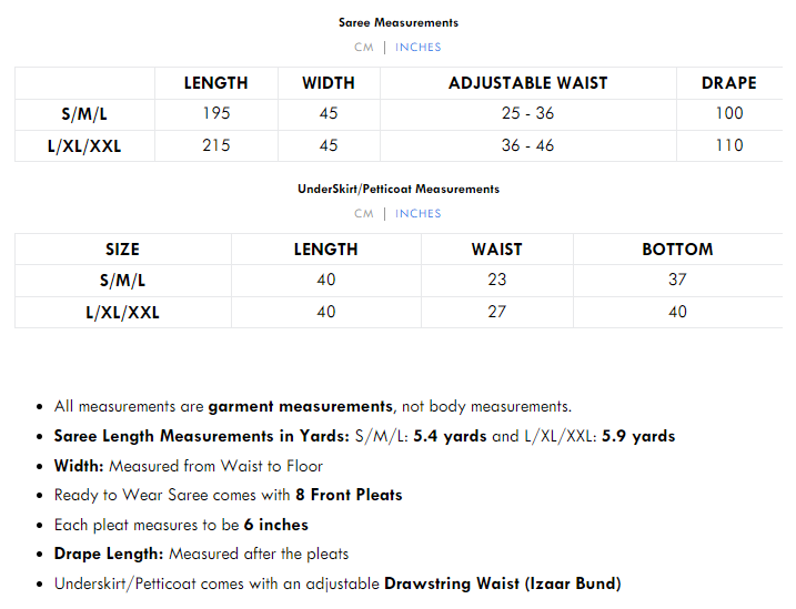 Size Chart of Roop Saree