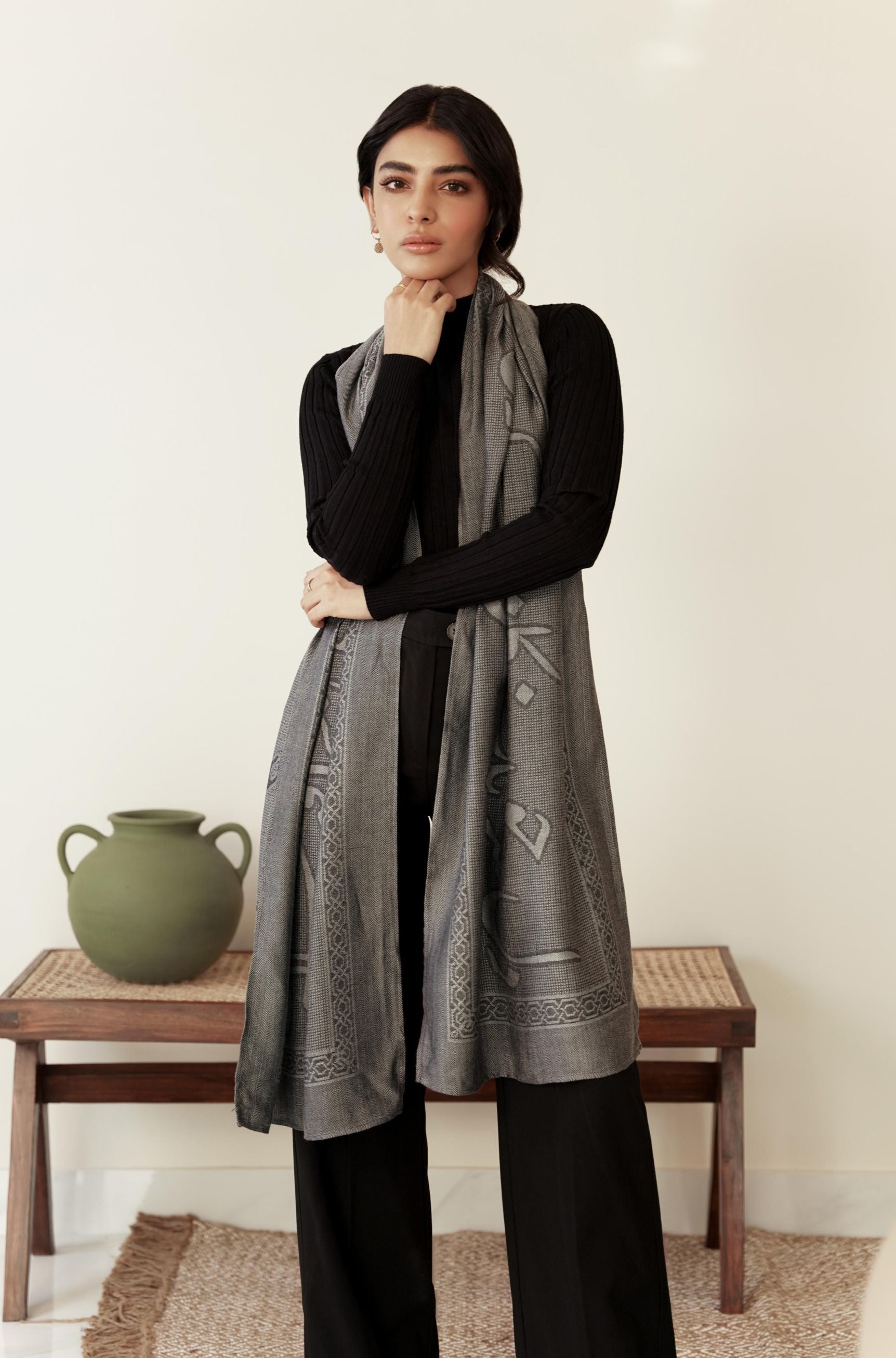 Shopmanto, wear manto, manto clothing brand, manto pakistan, ladies clothing brand, urdu calligraphy clothing, Manto urdu calligraphy unisex parvaaz weaved winter muffler stole grey, winter collection, acrylic, wool