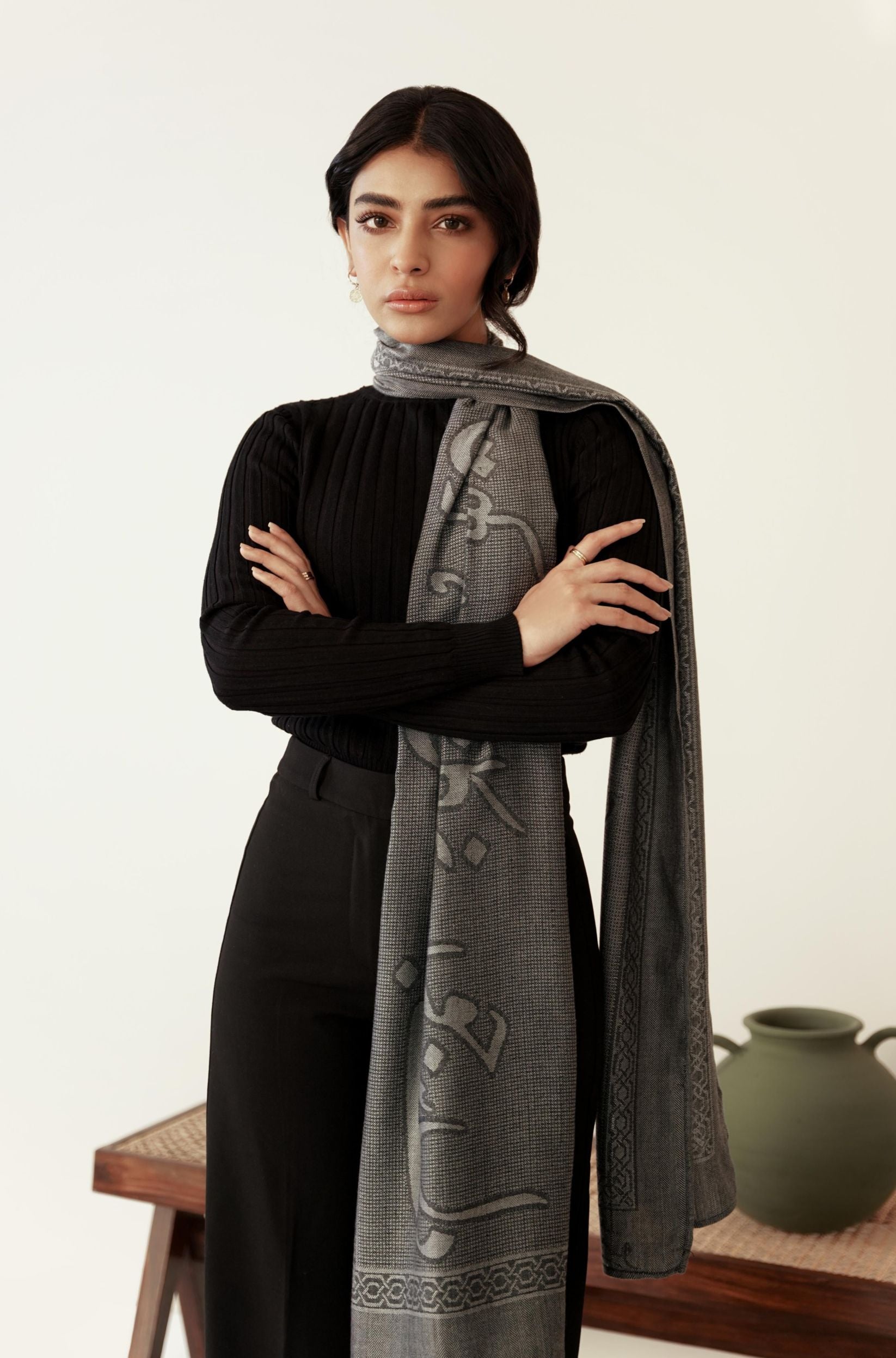 Shopmanto, wear manto, manto clothing brand, manto pakistan, ladies clothing brand, urdu calligraphy clothing, Manto urdu calligraphy unisex parvaaz weaved winter muffler stole grey, winter collection, acrylic, wool